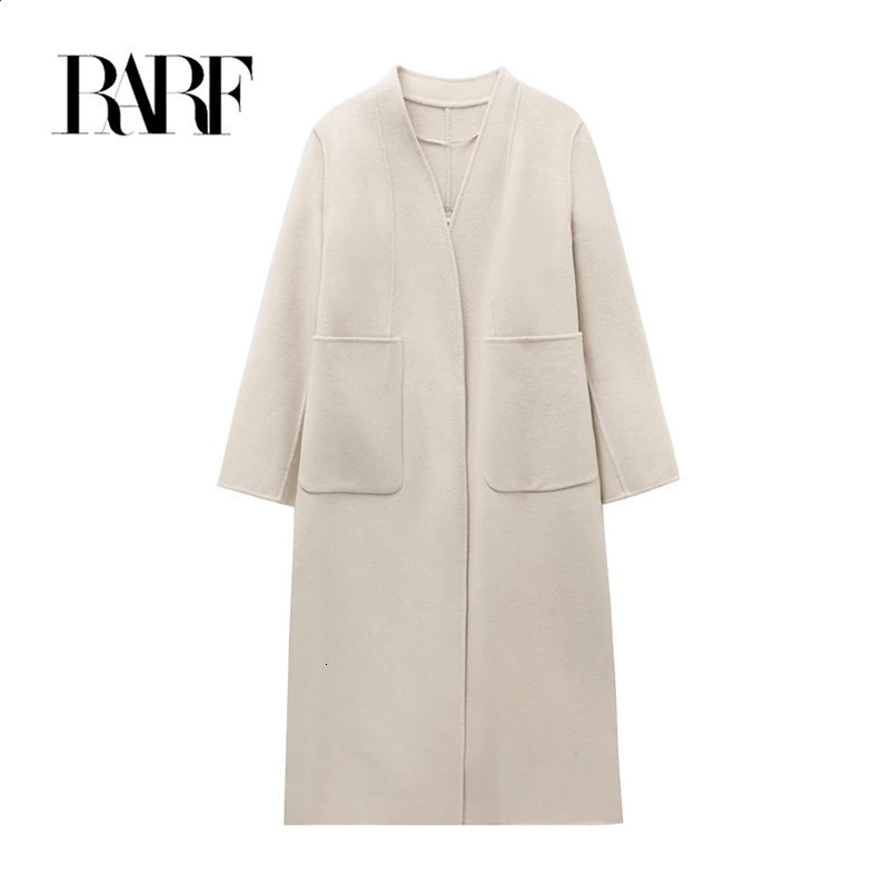 RARF womens long over knee loose double pocket woolen double-sided coat double-sided cashmere ladies 240822
