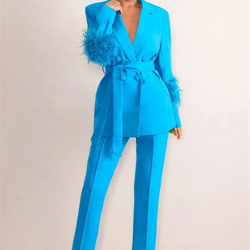 Waterarea Fashion Womens Set Feather Long Sleeve Double Breasted Blazer and Pants Suits Two 2 Piece Sets Outfits Tracksuit 240826
