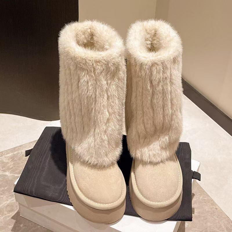 2024 Winter New Fashion Furry Hem Wedge Non-slip High Women's Outdoor Warm and Comfortable One-foot Snow Boots
