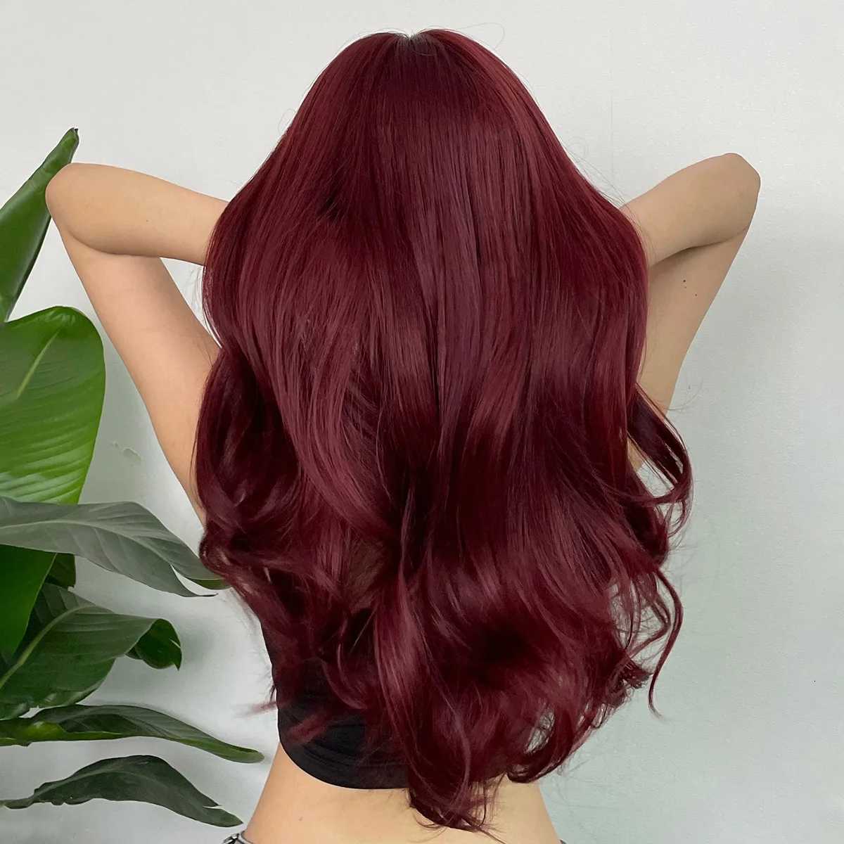 New wine red synthetic wig with bangs big waves long curly hair daily holiday wig high temperature silk full head cover C250922