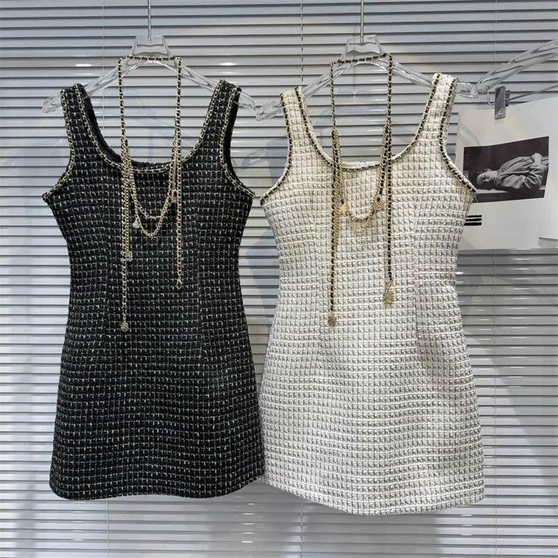 PREPOMP Summer Arrival Sleeveless Round Neck Metal Chain Necklace Tweed Slim Waist Short Dress Women GP656 240529