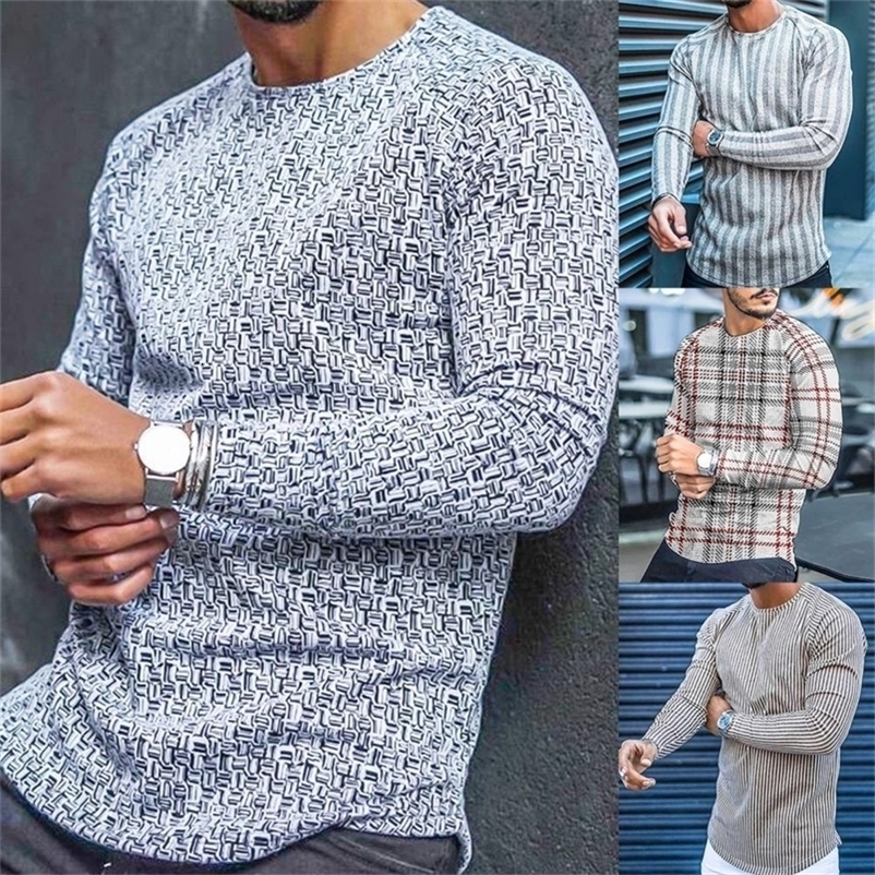 T-shirt Long Sleeve Slim Top Cotton Blend Men Stripe Plaid Print Male Pullover Sweater for Autumn Men clothing Casual Streetwear 220819