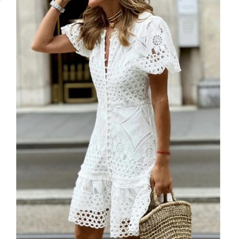 Dress Women Lace Slim Fits Solid Mini Package Hip Short Sleeve Bodycon Dress V-neck Summer French Style Sheath Dress 250313