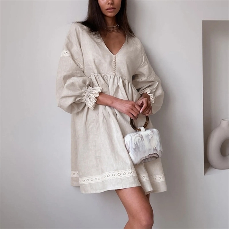 Spring Dresses For Women Solid Color Long Sleeve V Neck Cotton Linen Lace Trim Sundresses For Women Boho Dresses For Girls 240529