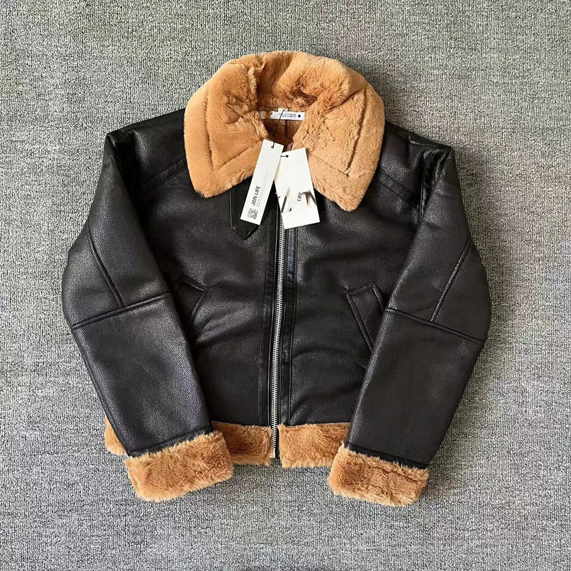 ZA autumn womens clothing style slim fit and simple lapel fur integrated short lamb fur patchwork leather jacket 241220