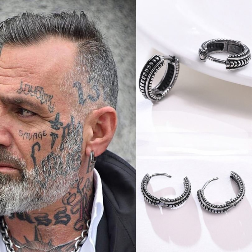 Small Huggie Hoop Earrings Viking Thick Mens Hoops Earring Stainless Steel Men Round Circle Shape Retro Jewelry