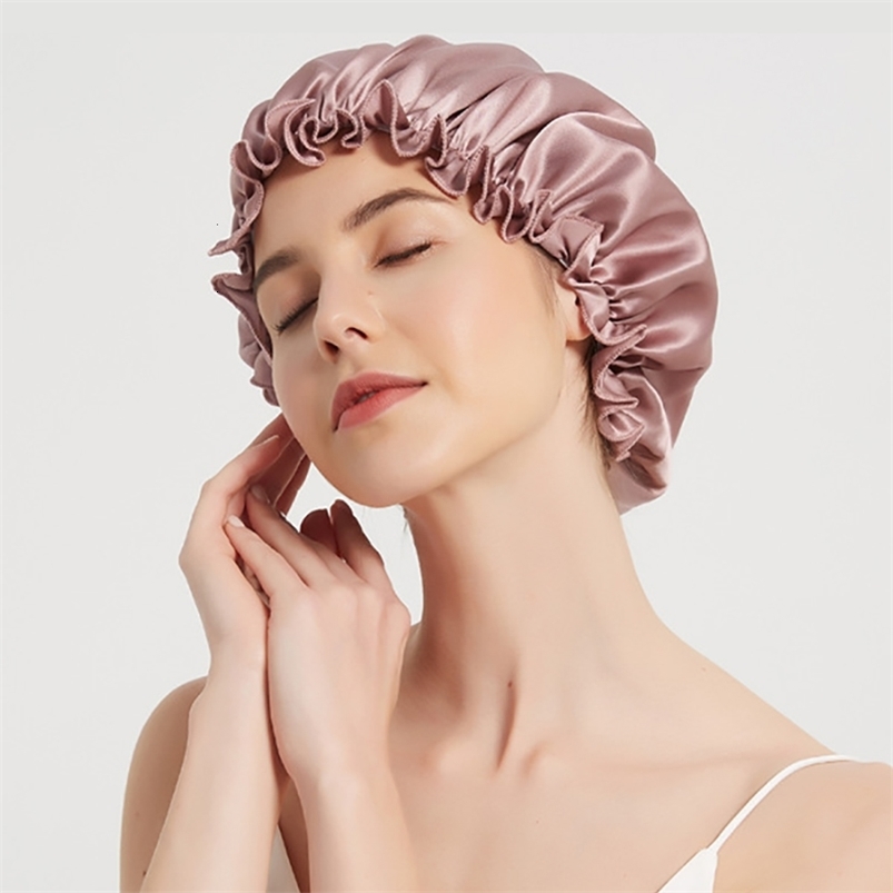 Beanie/Skull Caps 100% Mulberry Silk Night Sleeping Cap Pure Silk Solid Color Soft Bonnet Hats for Women Hair Wrap With Elastic Band 16Momme 230826