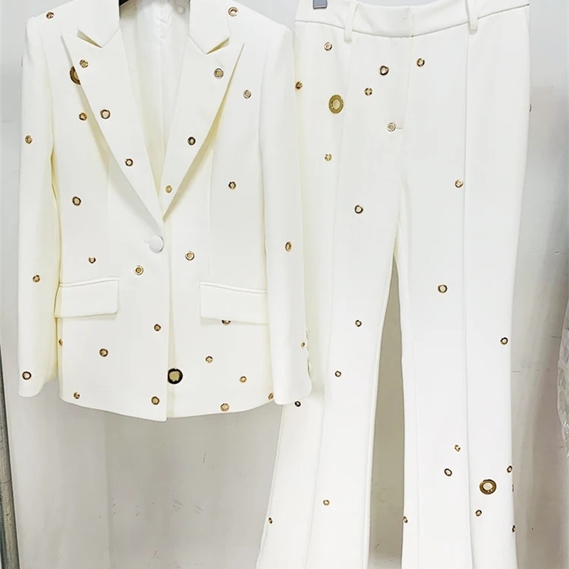HIGH STREET est er Fashion Runway Suit Set Womens Slim Fit Single Button Rivet Eyelet Lapel Blazer Pants Set 2pcs 240826