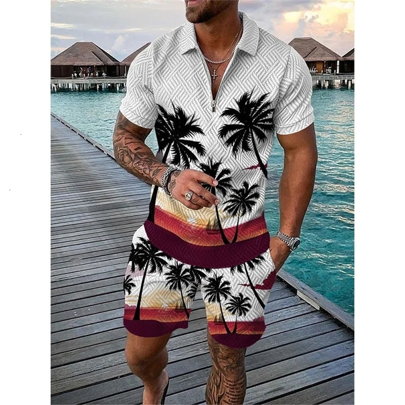 Hawaii Tracksuit 3D Print Beach Polo Shirts Shorts Sets 2 Pieces Mans Oversized Short Sleeve Shirt Pants Set Suits Men Clothing 240529