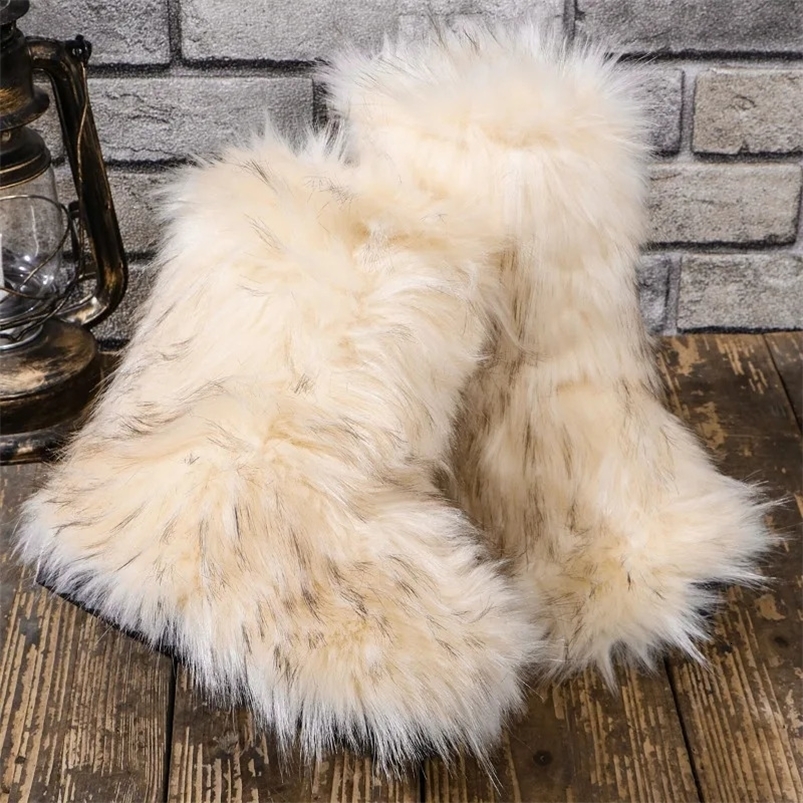 Womens Winter Snow Boots Outdoor Furry Faux Fox Fur Fashion Boots WomanPlush Warm Platform Shoes Bottes 240909