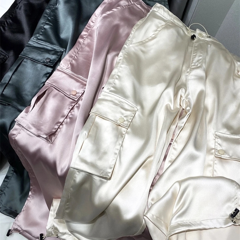 Silk Pink Drawstring Satin Baggy Cargo Pants Women Summer Solid Black Beige Gray Wide Leg Trousers Streetwear Vintage Bottoms 240822