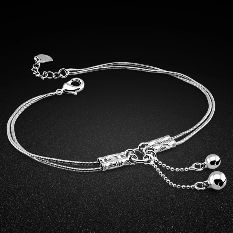 Trendy Jewelry 925 Sterling Silver Double Bell Anklets Barefoot Sandals Jewelry On Foot Ankle Bracelets For Women Girl Leg Chain 240625