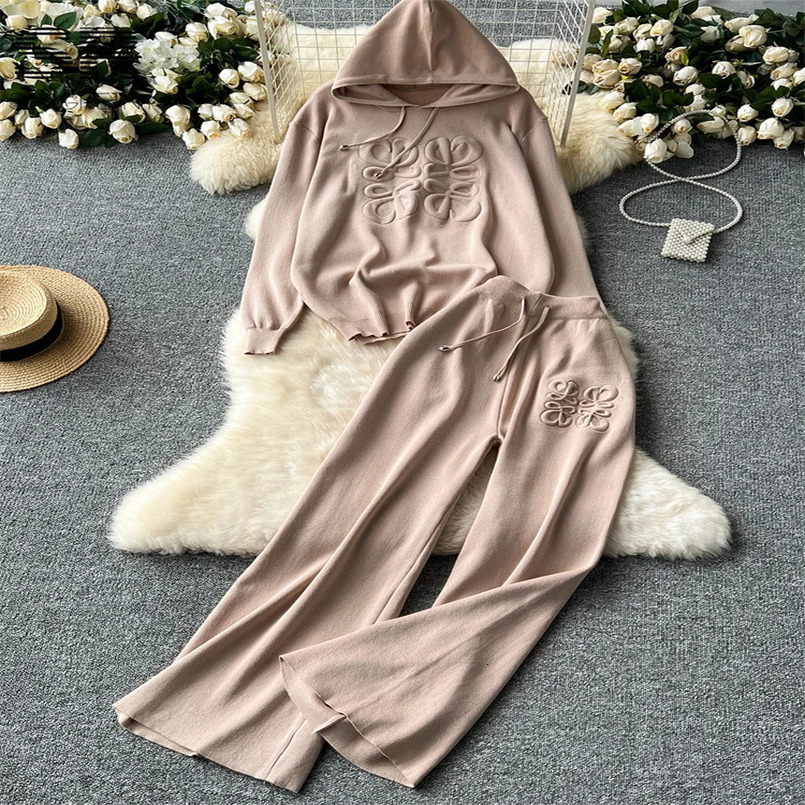 SINGREINY Lazy Casual Knit Two Pieces Set Women Autumn Winter Long Sleeve 3D Texture Printed HoodiesDrawstring Pants 2pcs Suits 250113