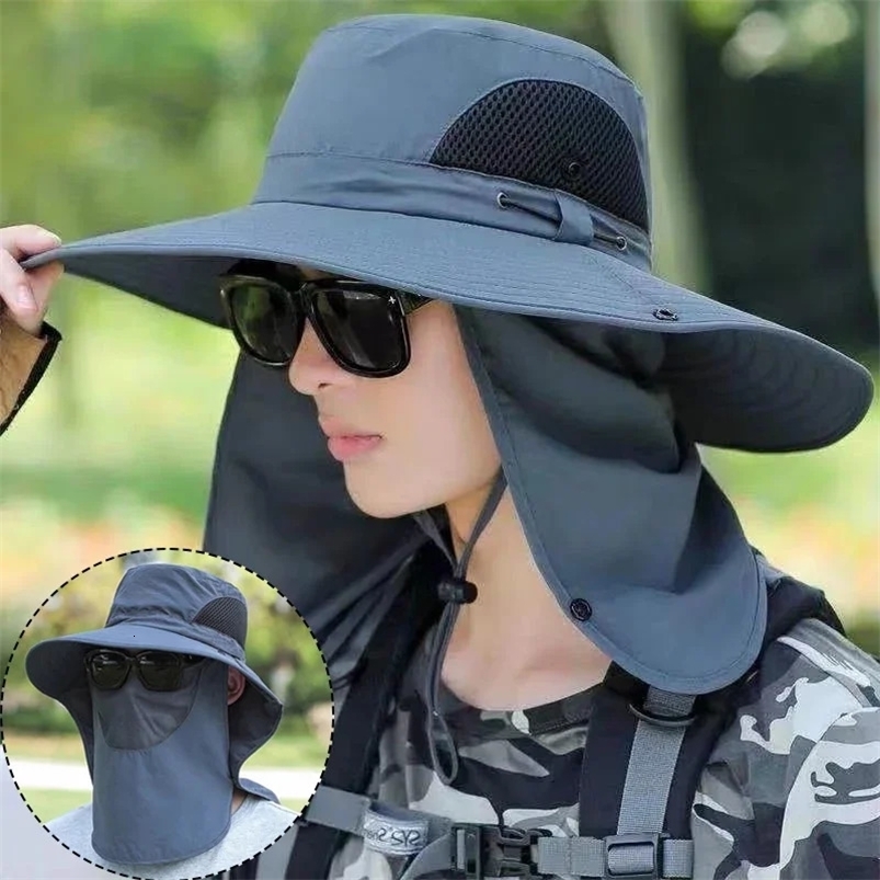 Summer Quick-drying Boonie Hats with Neck Mask Cover Men Breathable Mesh Sun Visor Fisherman Hats Outdoor Wide Brim Bucket Caps 240528
