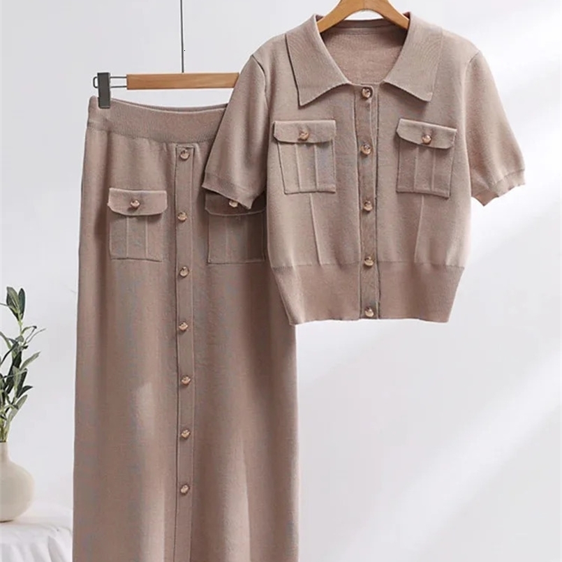 XFPV Women Sweet Lapel Short Sleeved Sweater long slim Skirt Knitted Two-piece Set Y2k Korean Fashion Autumn Winter SM11451 240820