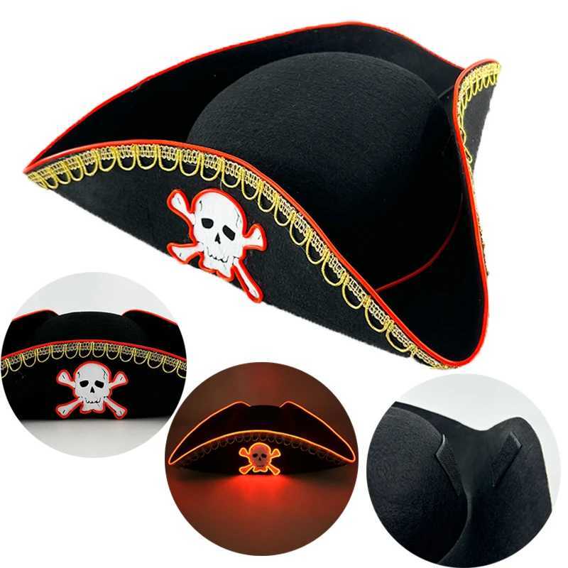 Funny Glowing Black Pirate Hat Nautical Theme LED Light Up Hat Cosplay Luminous Cap For Adult Halloween Carnival Costume Props Z251029