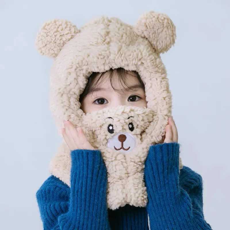 Trend childrens hat winter neck one mens and womens baby ear protection face cap cute bear plush warm fashion Z251029