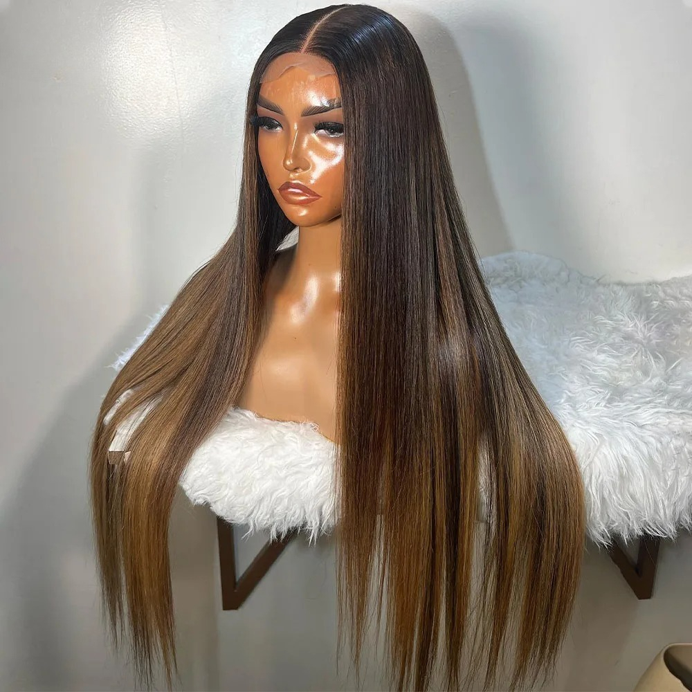 250% Density Wear and Go Glueless Wig Highlight Ombre Brown 1B /27 Colored 13x4 Bone Straight Transparent Lace Frontal Human Hair Wigs For Women