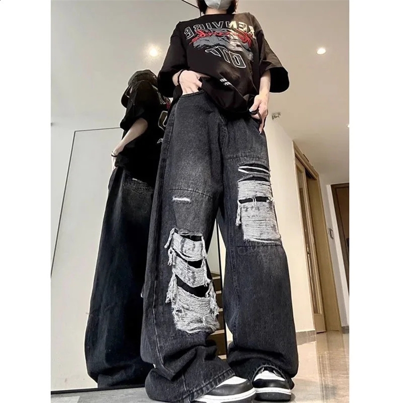 Xpqbb Harajuku Vintage Y2K Jeans for Women American High Street Hole Baggy Denim Pants Female Teens Hip Hop Wide Leg Trousers 240822