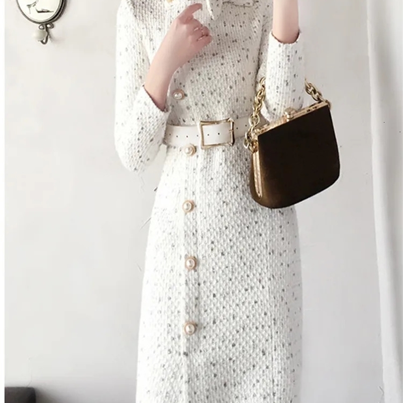 HMA Arrival Autumn And Winter Runway Women Elegant Tweed Dress Bow Collar Long Sleeve Female Fashion Chic Vestidos 240529
