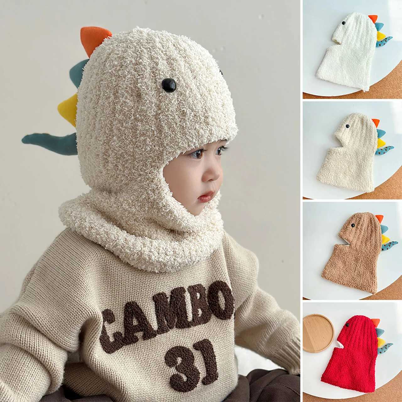 Winter Plush Baby One Piece Scarf Cap Cute Cartoon Dinosaur Toddler Kids Warm Hooded Beanie Anticold Boy Girl Balaclava Hat Z251029