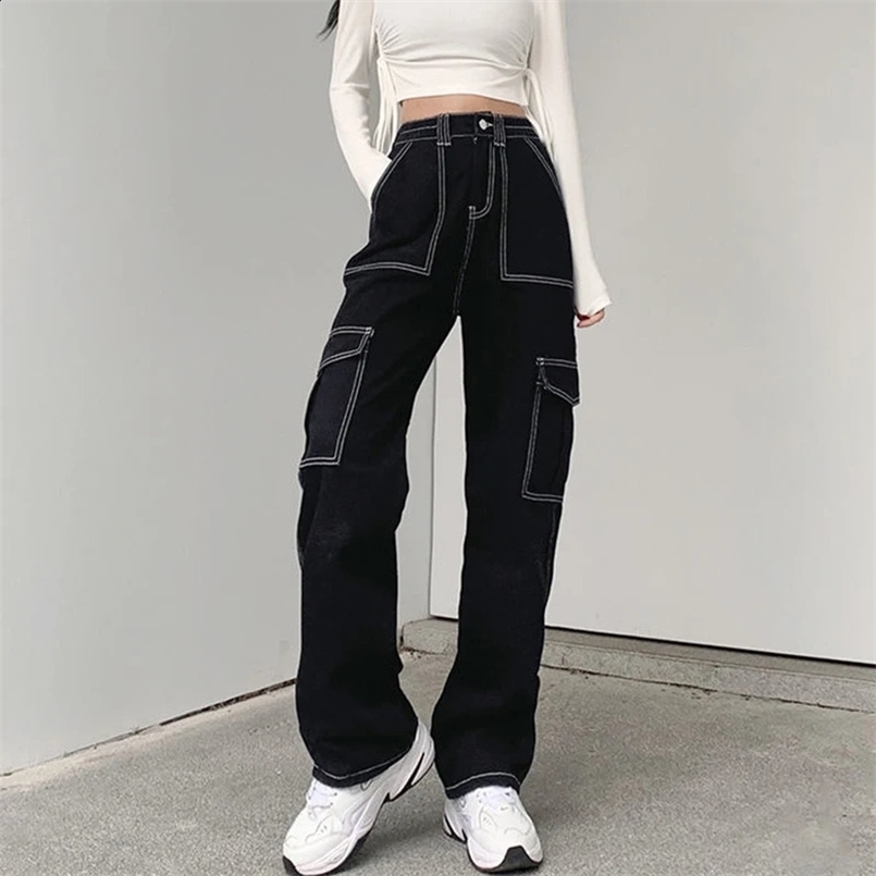 Biyaby Harajuku Pockets Patchwork Baggy Jeans Women Autumn Black Wide Leg Denim Trousers Woman Streetwear Loose Cargo Pants 240820