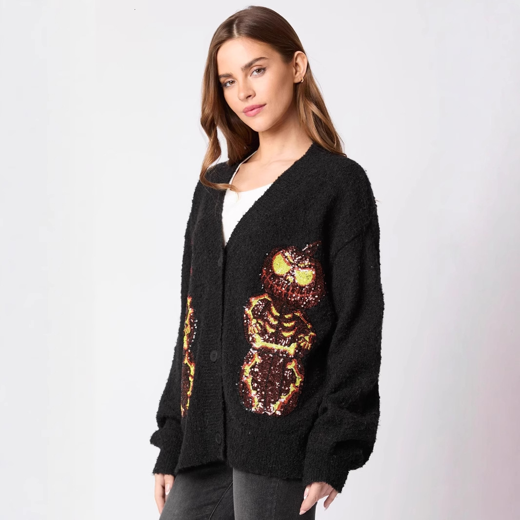 Autumn Winter New Womens Halloween Pumpkin Demon Sequin Sweater Casual Knitted Cardigan 250103