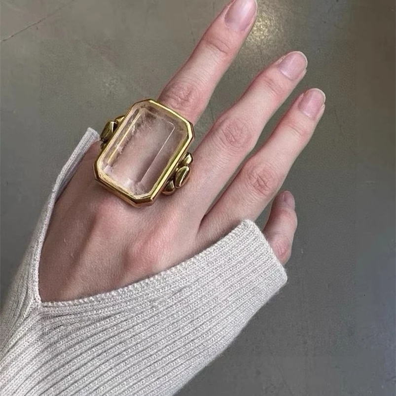 Personality large rock candy square natural crystal ring 240626