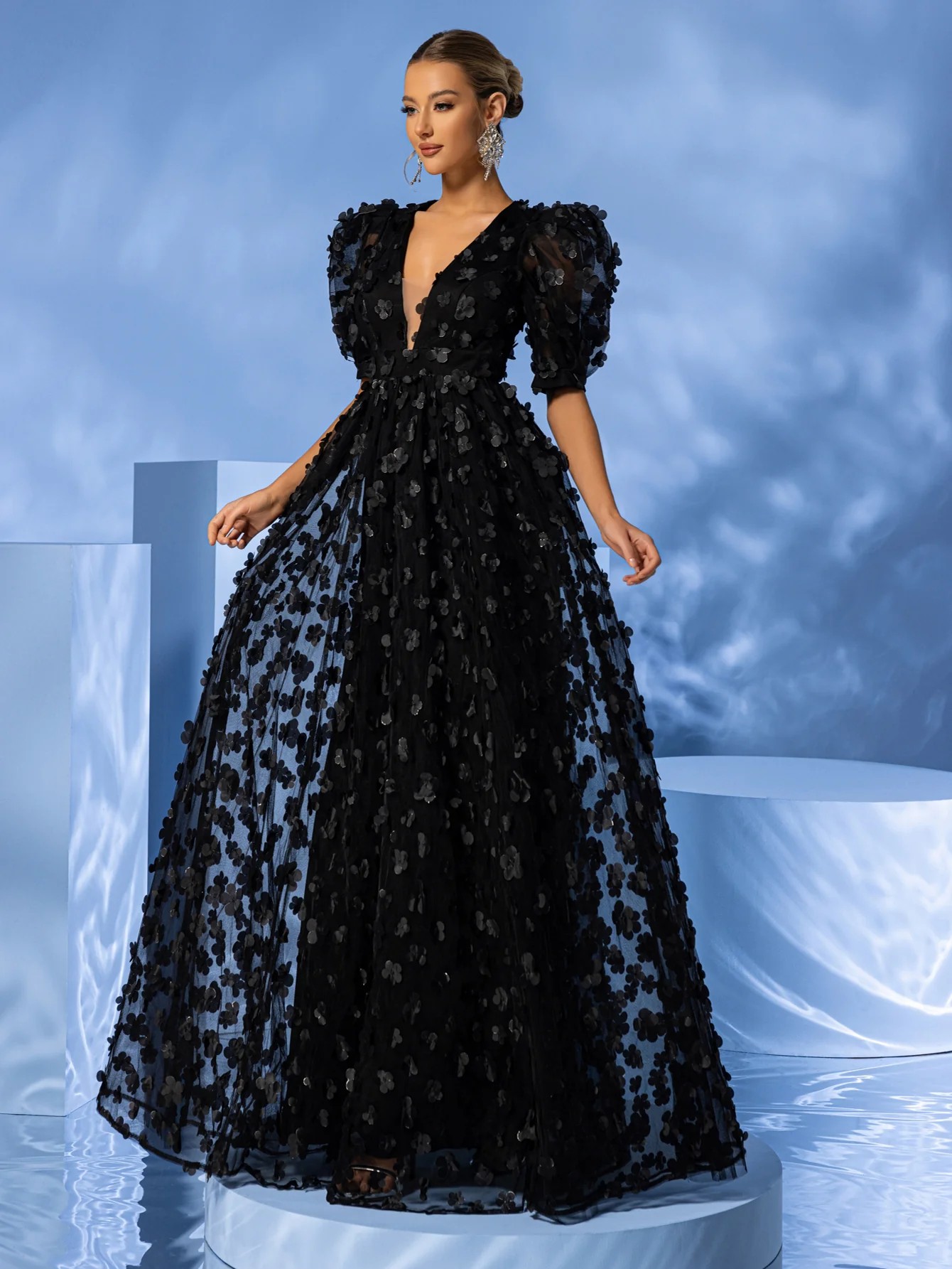 2025 New French Fashion Women's Elegant Prom Black High Neck Long Sleeve A-Line Mini Dress 23551