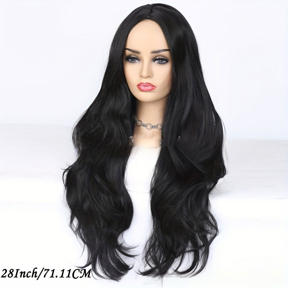 Wig for Women - Black Burgundy Center-Parted Fashionable Long Curly Hair with Large Waves - Synthetic Full-Head Wig