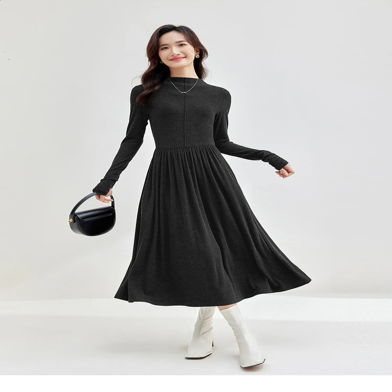 SENTUBILA Women Knitted Dresses Winter Knitwear Long Sleeve A-line Elegant Black Midi Dress Womans Clothes 144L58348 250122