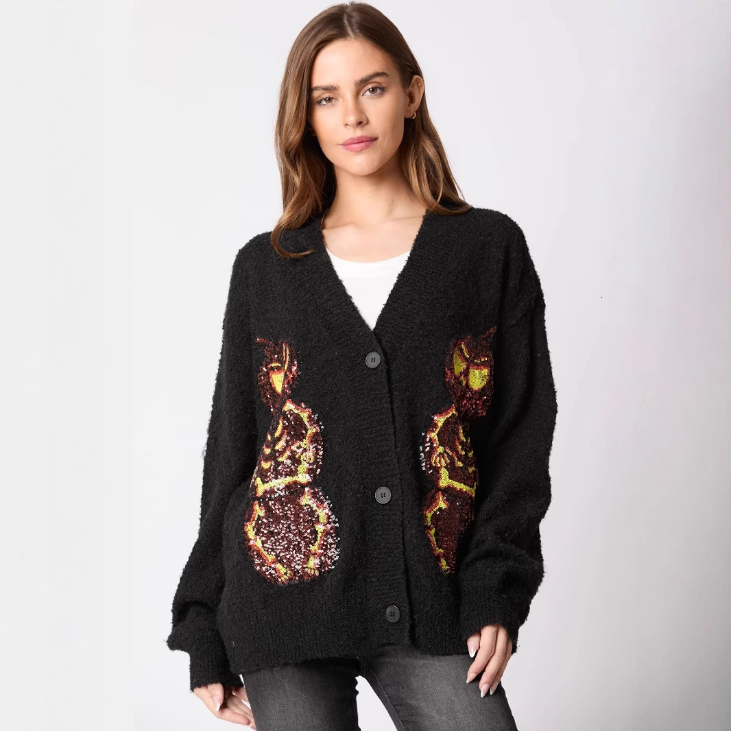 Autumn Winter New Womens Halloween Pumpkin Demon Sequin Sweater Casual Knitted Cardigan 250103