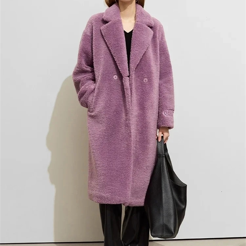 AMII Minimalist Lamb Wool Coat For Women Winter Lapel Collar Long Letter Embroidery Cashmere Coat Snow Wear 12344170 240822