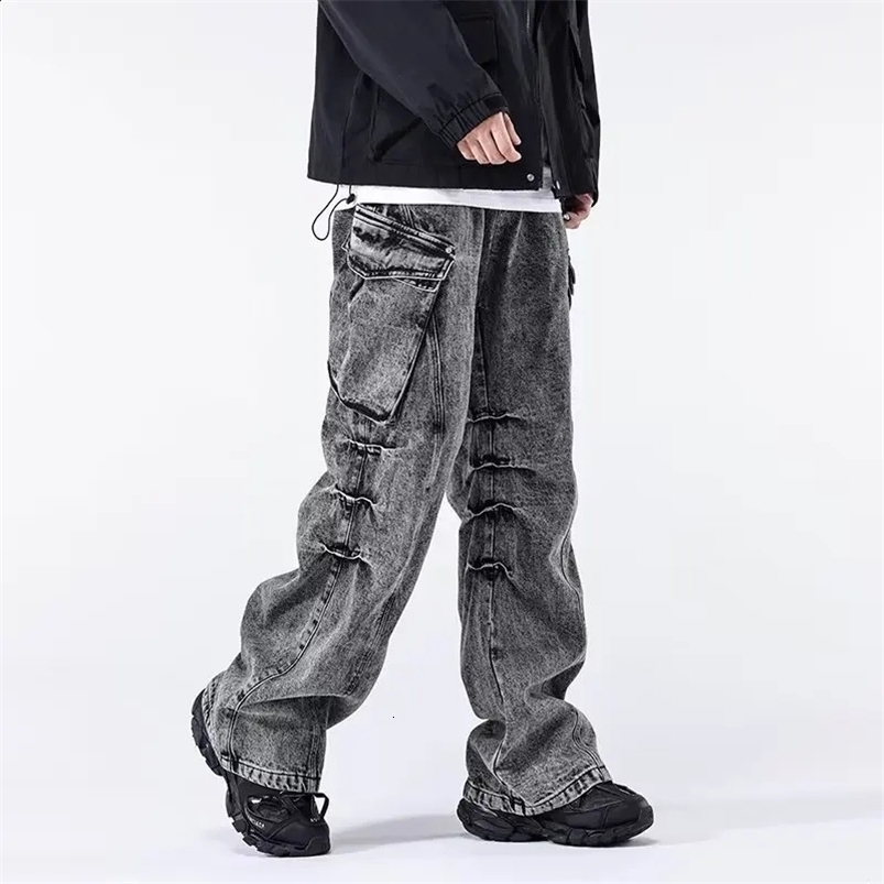 Ropa Aesthetic Y2K Fashion Vintage Grey Baggy Cargo Jeans Pants For Men Clothes Pleated Streetwear Straight Long Trousers 240822