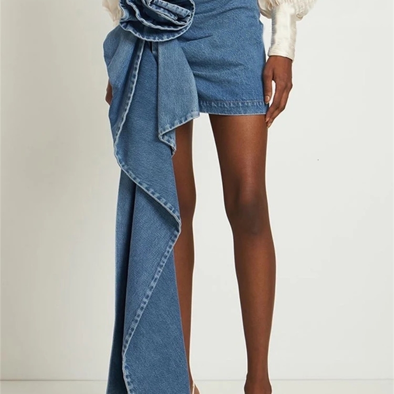 BKQU 2024 Summer Denim Mini Skirts Y2K Aesthetic 3D Flowers High Waist Micro Skirts Skinny Wrap Jeans Penceil Skirt Women250324bj