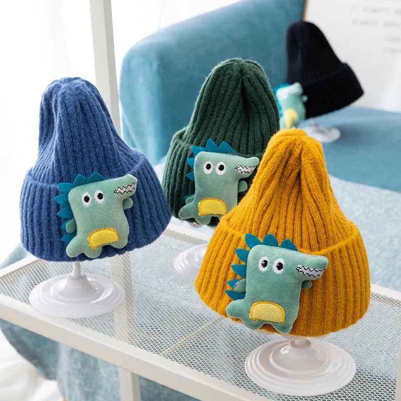 Autumn Winter Warm Baby Beanie Cartoon Dinosaur Knitted Toddler Boys Girls Hat Cute Solid Color Kids Ear Protection Cap Z251029