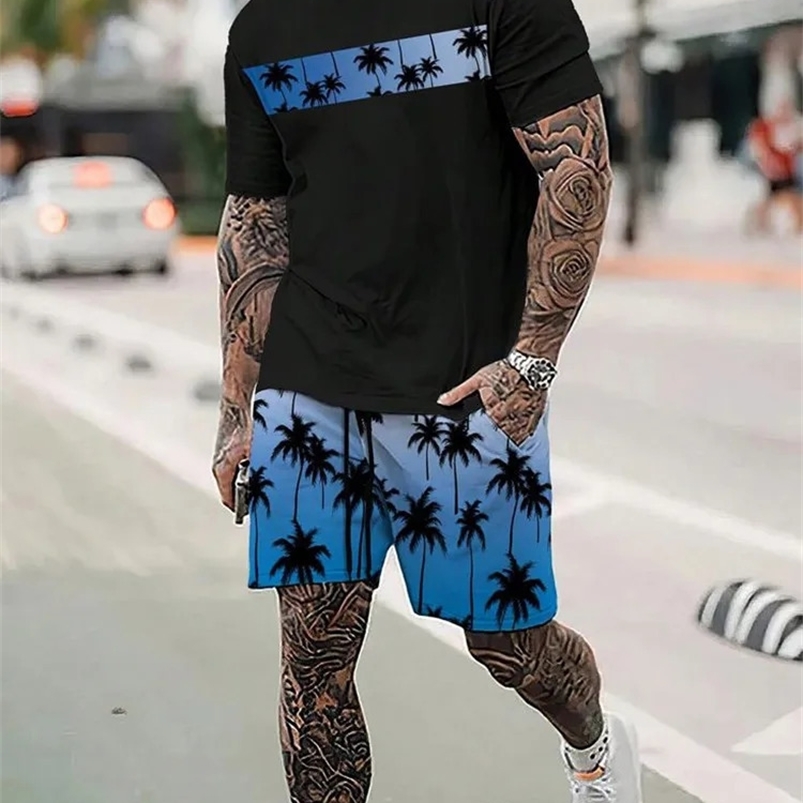 Casual T-Shirt Outfit Set Mens Tracksuit Set 3D Short Sleeve Suit Lightweight Hawaiian 2 Piece Street Wear Mens Clothing 240614