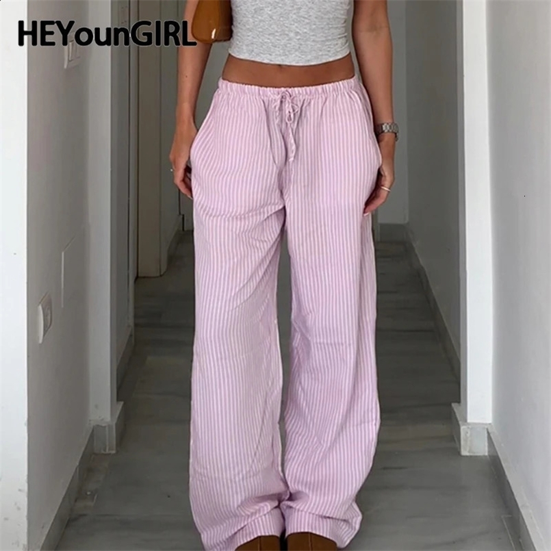 HEYounGIRL Autumn Thin Loose Fit Straight Pants Y2K Casual High Street Women Striped Sweatpants Fashion Elastic Waist Joggers 240820