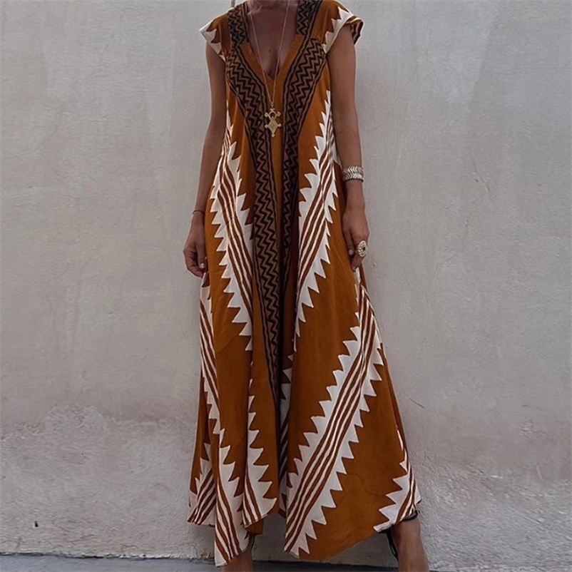 Fashion Pattern Printed Short Sleeve Dress Summer Loose High Waist Bohemian Dress Womens Sexy V-neck Robe Dresses Vestidos 240529
