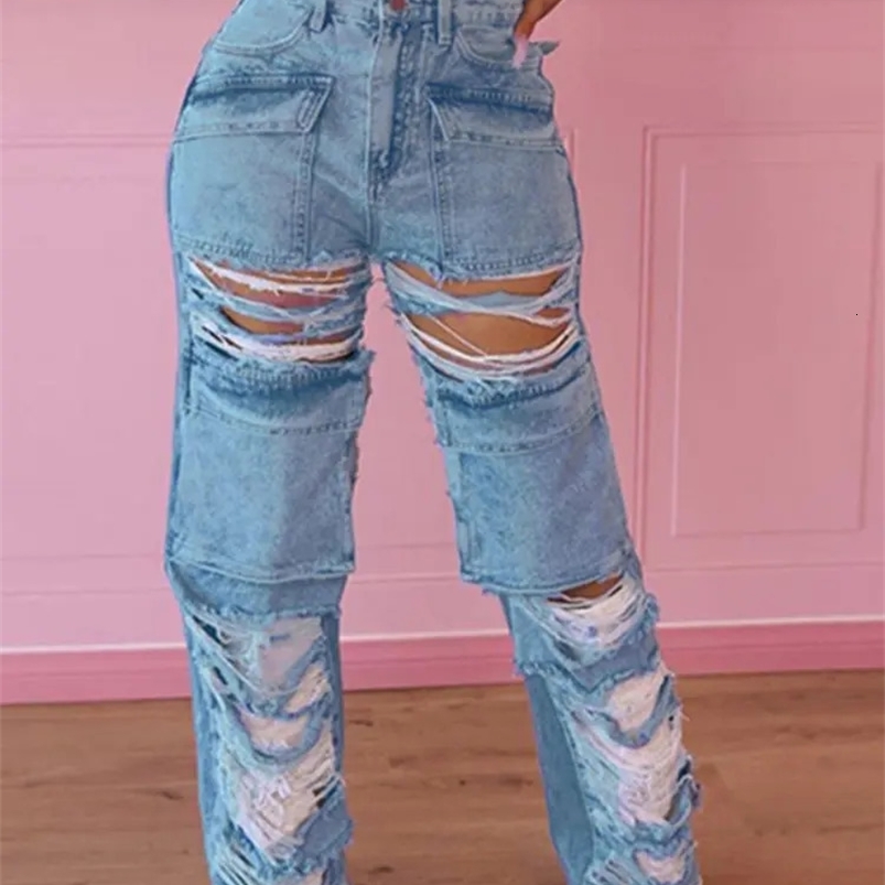 CMYAYA Women Ripped Hollow Out Tassel Pocket Front Safari Style Jeans Summer INS Strt Denim Pants Trousers Z260313