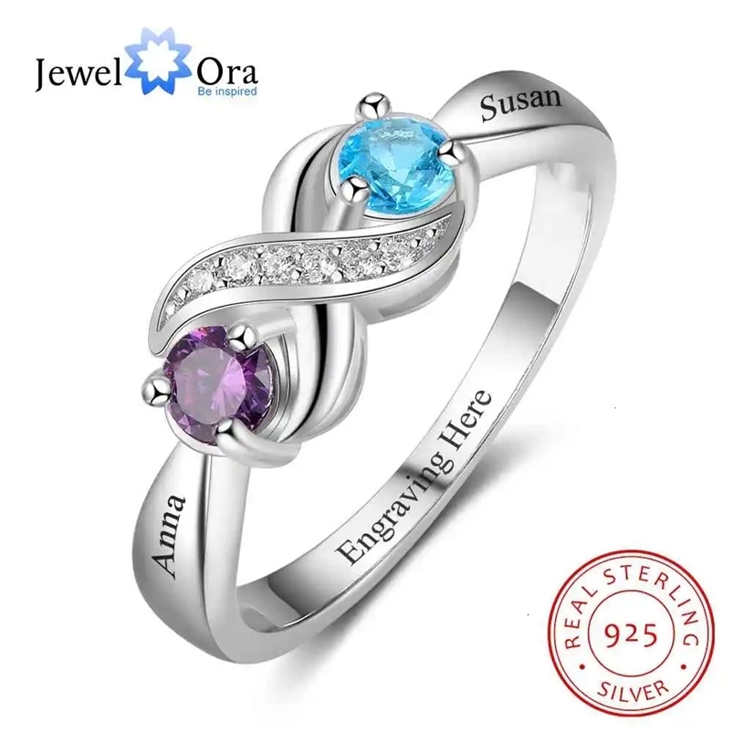 925 Sterling Silver Infinity Mothers Ring with 2 Round Birthstone Custom Engraved Couple Name Engagement Promise Rings for Women 240530