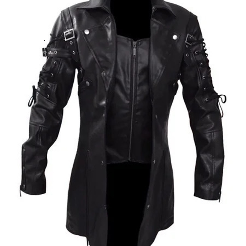 Steampunk Mens Gothic Trench Coat Leather Jacket Punk Style Biker Jacke Autumn Winter Motocycle Jacket 240826