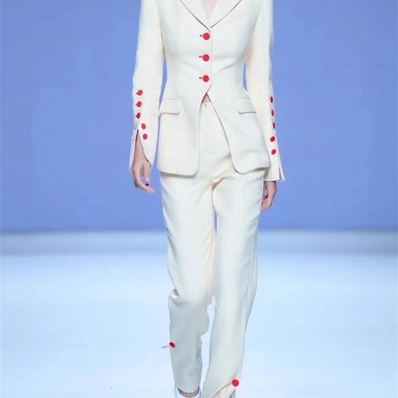 HIGH STREET est er Fashion Runway Suit Set Womens Stylish Color Buttons Trim Blazer Slit Pants Suit 240826