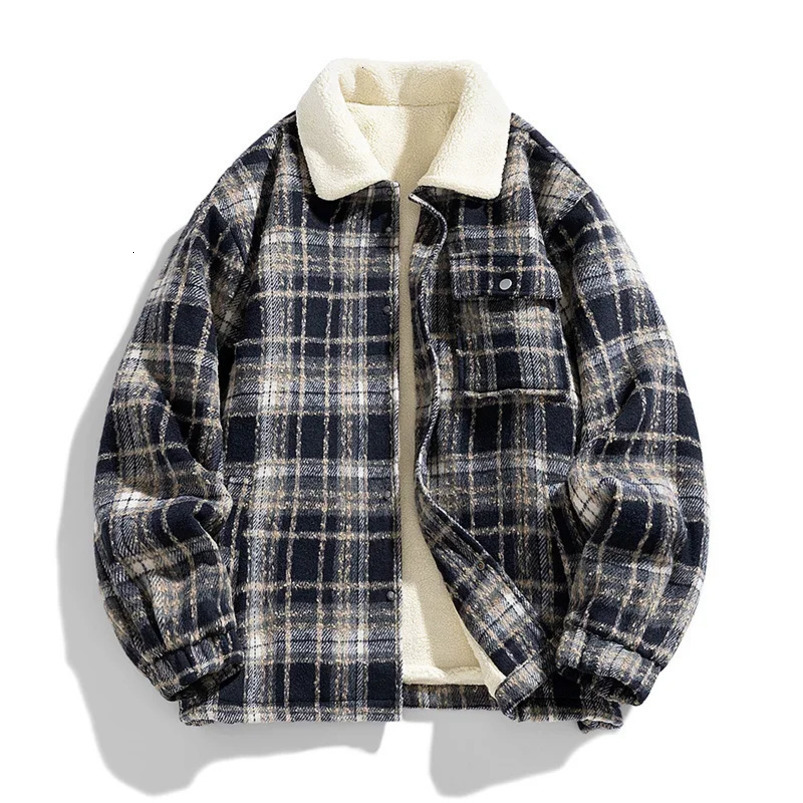 American Vintage Mens Plaid Fleece Lined Jacket Thick Warm Cargo Jackets for Men Winter Coats Autumn Fleece Windbreaker Parkas 241220