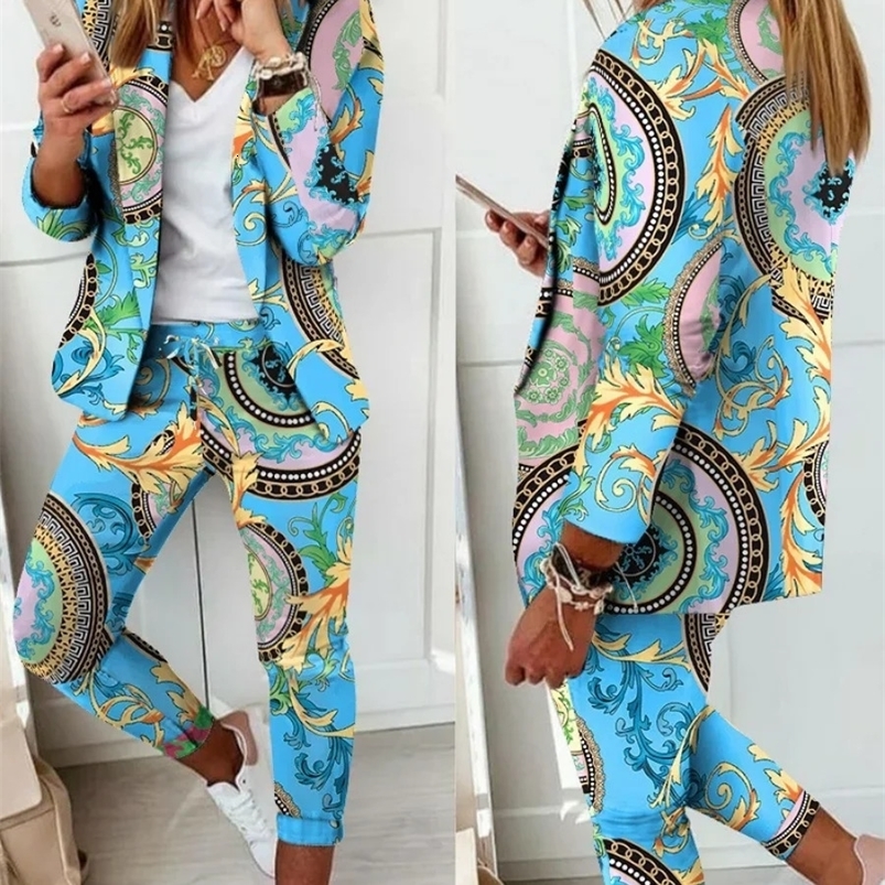 Womens Two Piece Pant Suit Set Outfits Spring Autumn Turn Down Print Blazer Coat Drawstring Pants Suit Women Casual Sets 240826