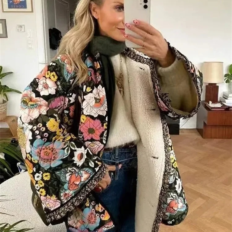 TRAF Flower Winter Coat for Women Quilted Jacket Parkas Woman Autumn Winter Printed Vintage Jacket Tweed Warm in Outerwear 240819