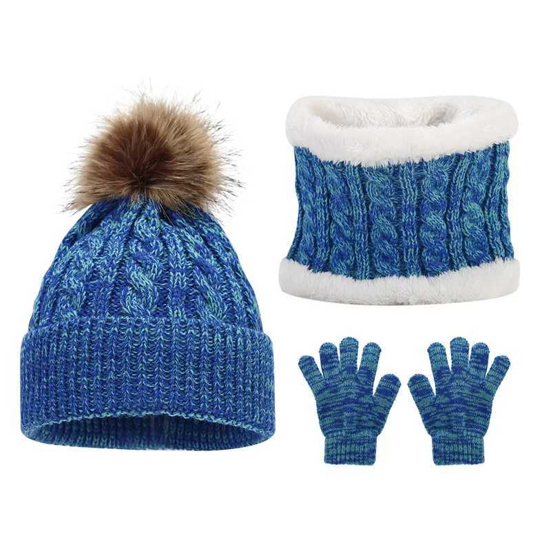 3pc312Y childrens cap scarf gloves autumn and winter threepiece set warm and fluffy scarf mixedcolor cap Z251029