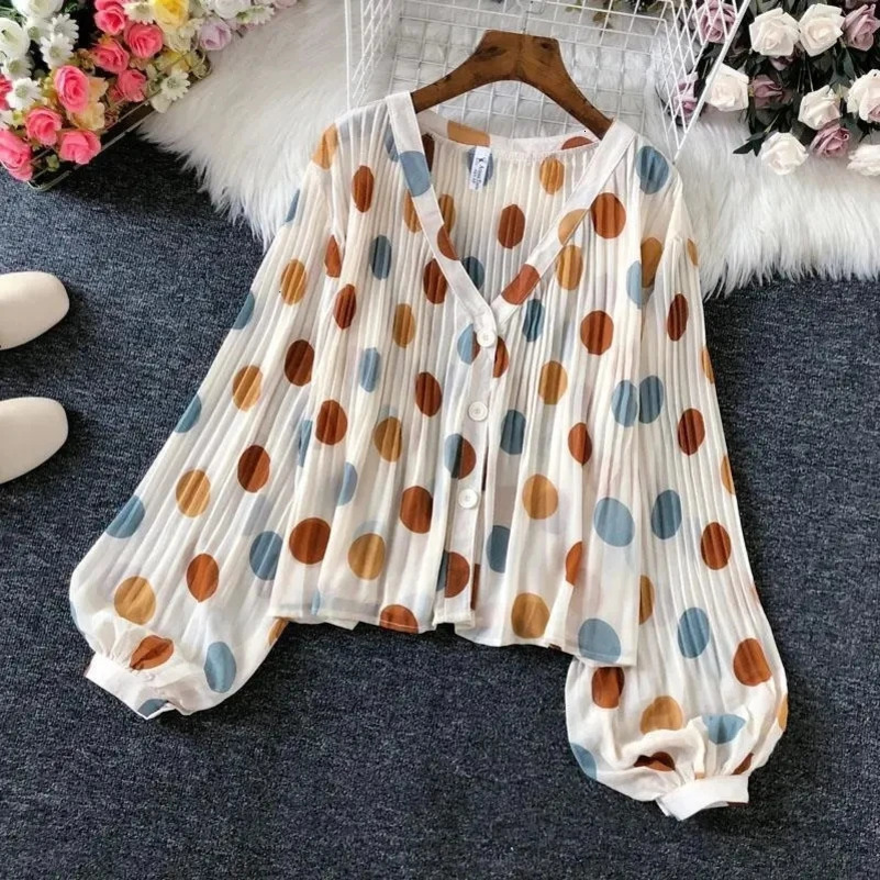 Polka Dot Casual V-Neck Chiffon Single Breasted Lantern Sleeve Folds Womens Blouse Shirt Female Clothing Tops Fashion 250417