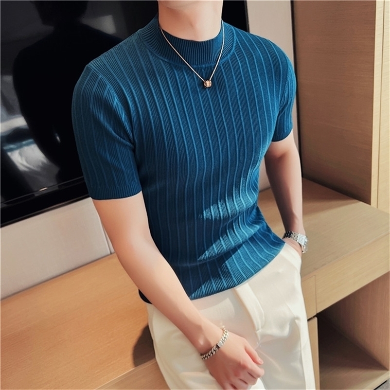 Men's High-End Casual Short Sleeve knitting Sweater/Male High collar Slim Fit Stripe Set head Knit Shirts Plus size S-4XL 220819