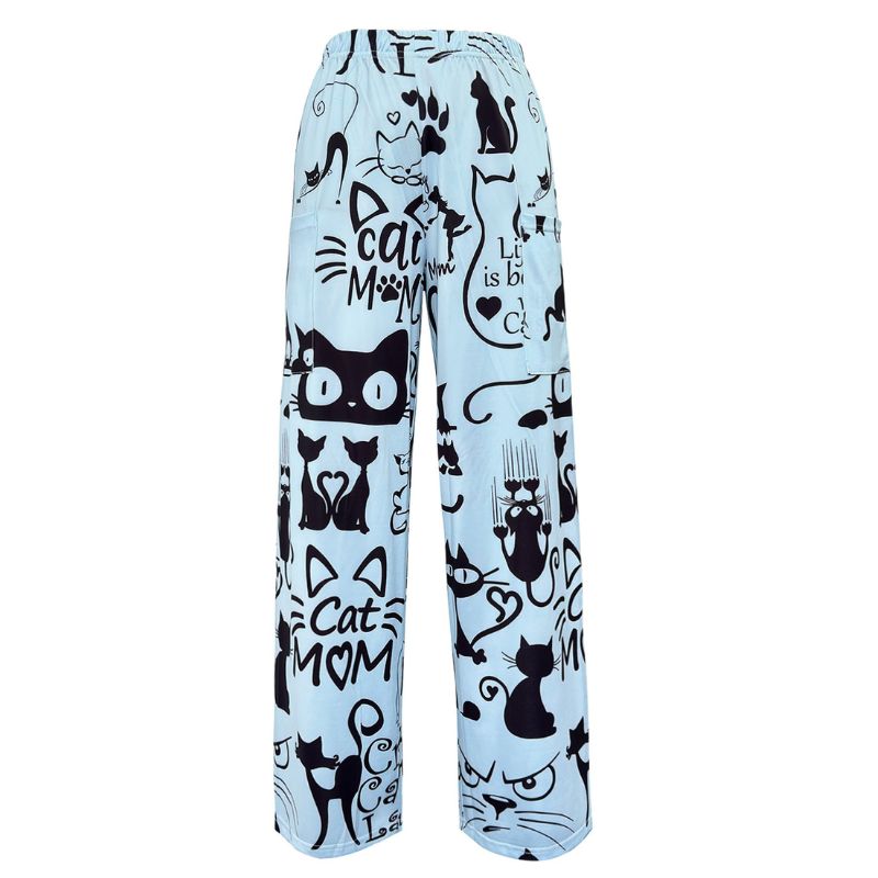 Women's Casual Cat Print Straight Leg Pants, Loose Trousers with Big Pockets for Autumn-CF40007